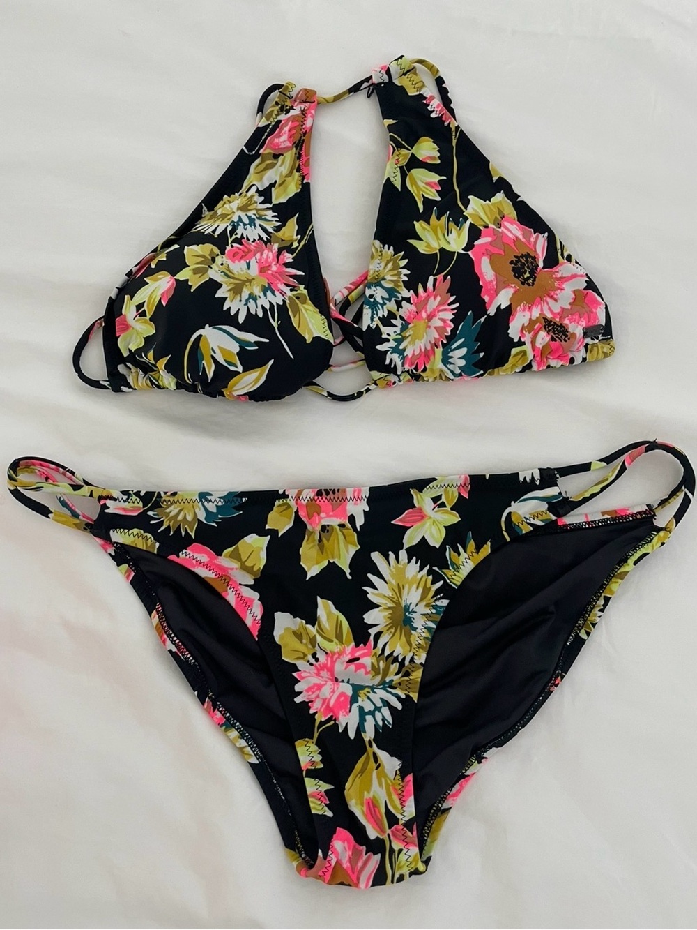 Volcom Black Floral Bikini - Pink & Olive Green Accents